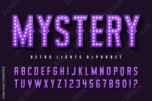 Retro circus alphabet design, cabaret, fairy LED lamps letters and numbers.