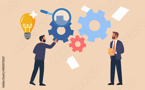 Businessman person with idea bulb symbol of innovation and solution in technology for success and communication with gear an team work concept