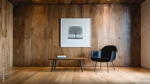 Interior design featuring a framed tree art piece and modern furniture within a wooden room