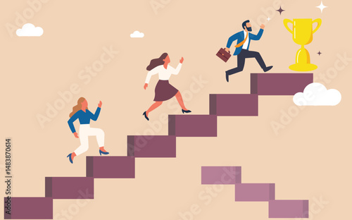 Businessman running up stairs abstract steps to success growth concept flat design illustration