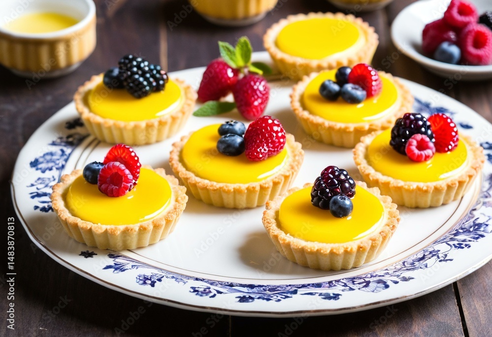 A white plate topped with mini tarts filled with berries. A white plate topped with mini tarts filled with berries.