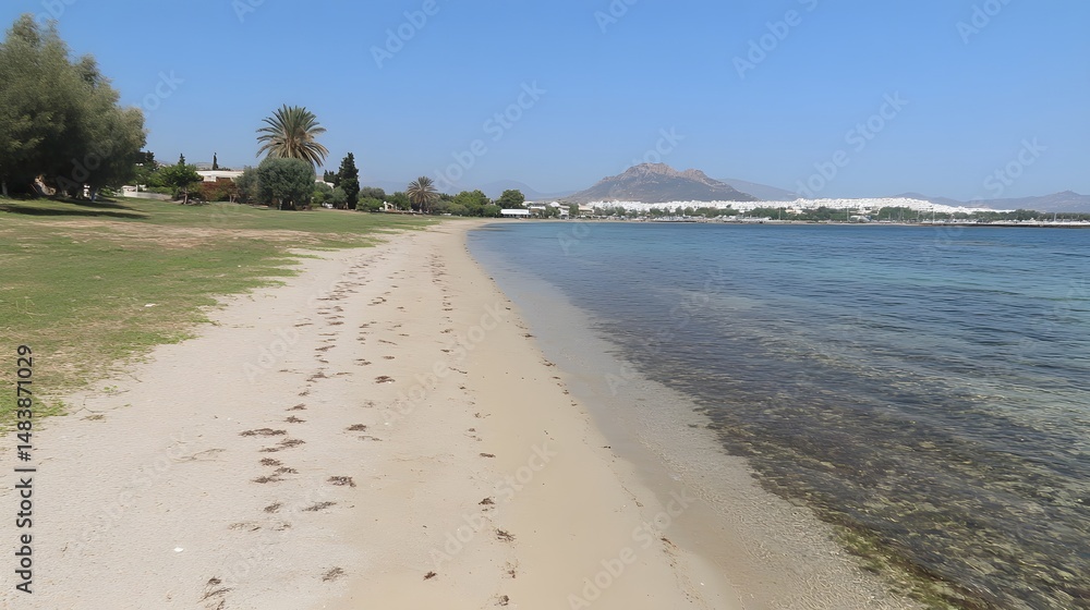 Obraz premium Scenic Coastal Beach Landscape with Calm Sea and Mountain View