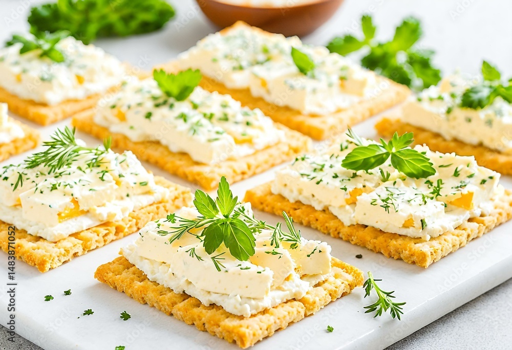 A white plate topped with crackers covered in cheese and herbs. A white plate topped with crackers covered in cheese and herbs.
