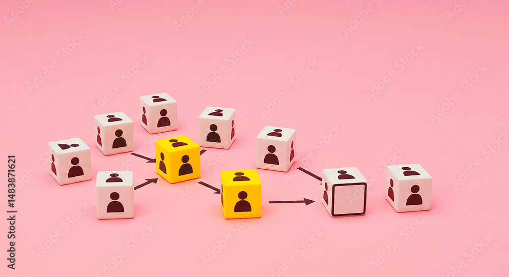 Obraz premium Arrangement of white and yellow cubes with person icons connected by arrows on a pink background