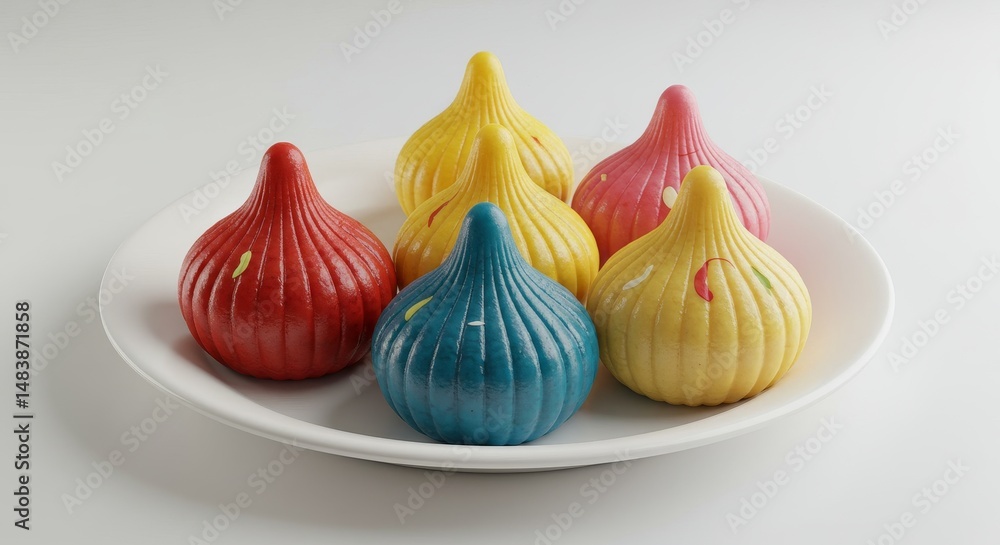 Obraz premium Colorful Modak Sweets on Plate - Six vibrant modak sweets, in red, yellow, and blue, arranged on a white plate. Festive and delicious Indian treat