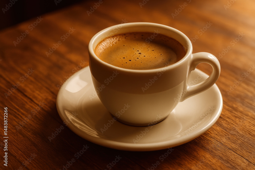 Fototapeta premium Steaming cup of coffee resting on a wooden table.