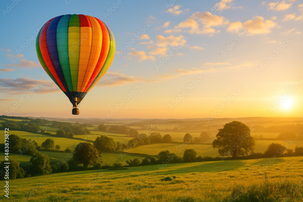 Fototapeta premium Hot air balloon floating over green fields at sunset.
