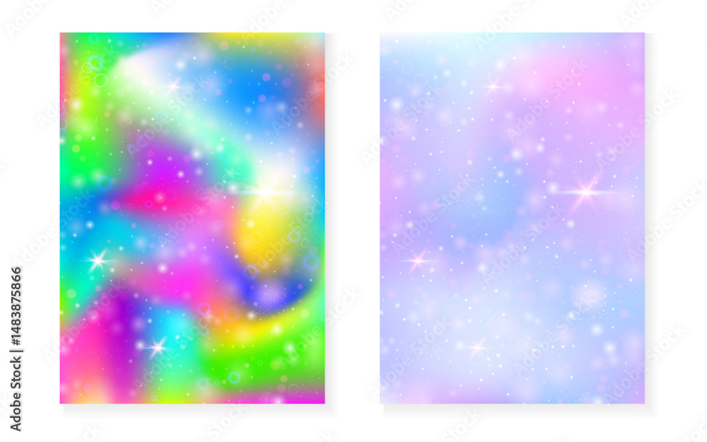Fototapeta premium Kawaii background with rainbow princess gradient. Magic unicorn hologram. Holographic fairy set. Creative fantasy cover. Kawaii background with sparkles and stars for cute girl party invitation.
