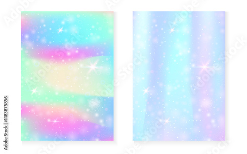 Unicorn background with kawaii magic gradient. Princess rainbow hologram. Holographic fairy set. Fluorescent fantasy cover. Unicorn background with sparkles and stars for cute girl party invitation.