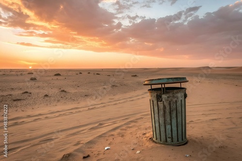 A desolate desert landscape littered with trash and garbage scattered across the sandy ground.	