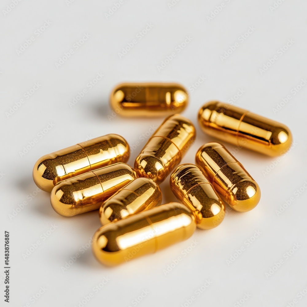 Naklejka premium Gold Capsules: All-Natural Vitamins Dietary Supplements for Health & Wellness