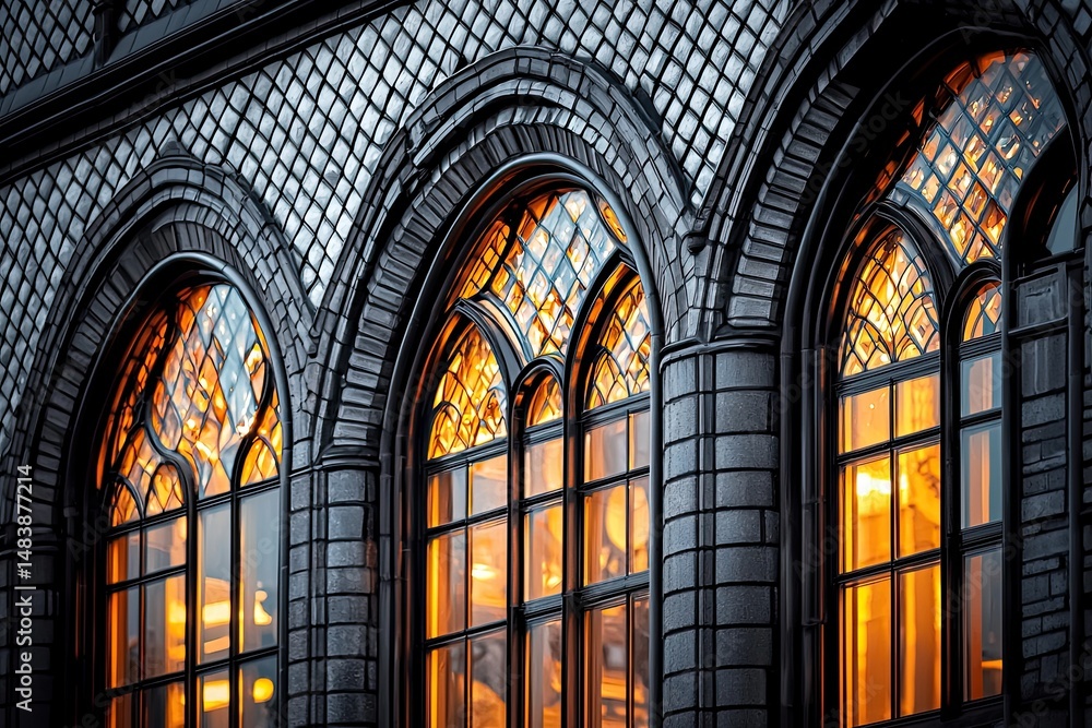 Illuminated Gothic Arch Windows in a Brick Building Illuminated Gothic Arch Windows in a Brick Building