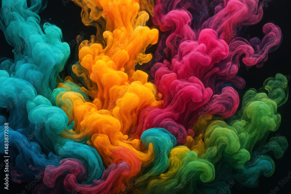 Fototapeta premium Colorful smoke billows on a black background.
