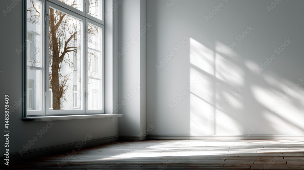 Fototapeta premium Natural light streaming through a window casts delicate shadows in a serene room with a white background and wooden floor