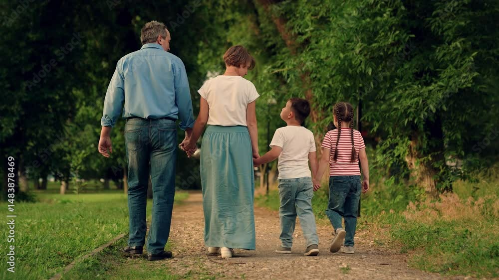Parents children go together, family weekend. Travel together. Family walk in park holding hands. Mom, dad, child, big family. Happy family with three children walks outdoors in city park in summer Parents children go together, family weekend. Travel together. Family walk in park holding hands. Mom, dad, child, big family. Happy family with three children walks outdoors in city park in summer