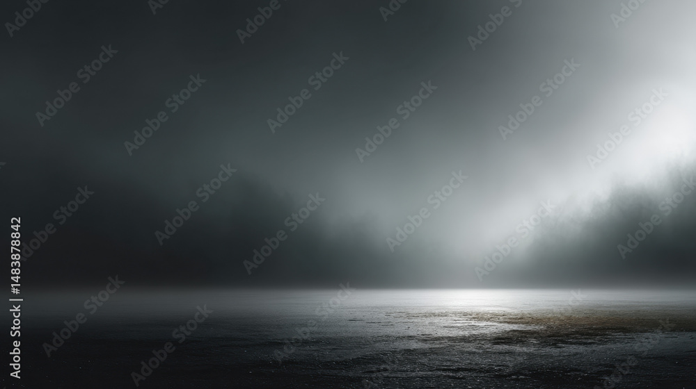 Obraz premium Mysterious ambiance created by dark grey background and soft fog, evoking a serene yet eerie atmosphere in the silence of an expansive landscape