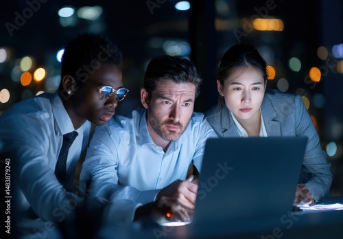 Focused team working late on a laptop.