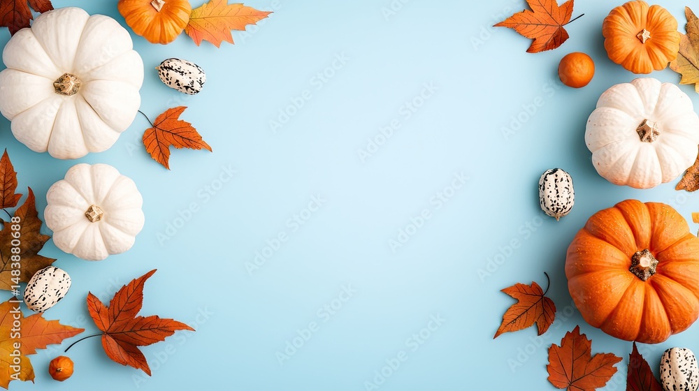 Fototapeta premium Autumnal arrangement of pumpkins and fall leaves on blue background