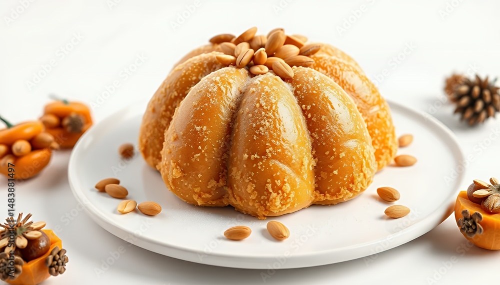Basbousa Semolina Cake Topped with Almonds on White Plate Isolated on White Screen Background Tasty Middle Eastern Sweet Food Dessert Cake 3d Render Basbousa Semolina Cake Topped with Almonds on White Plate Isolated on White Screen Background Tasty Middle Eastern Sweet Food Dessert Cake 3d Render