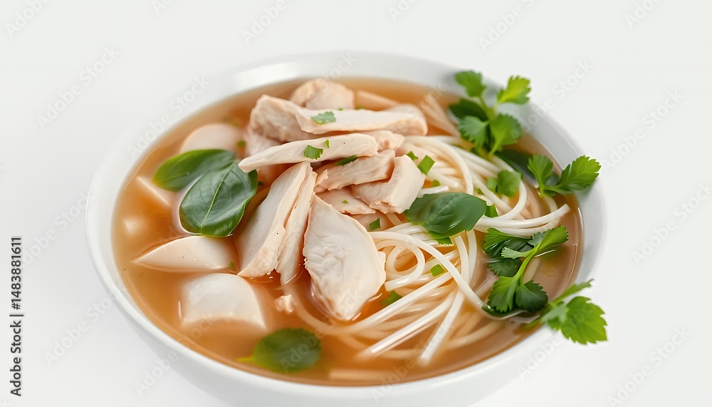 Bowl of Chicken Pho Ga Vietnamese Soup with Rice Noodles Isolated on White Background Bowl of Chicken Pho Ga Vietnamese Soup with Rice Noodles Isolated on White Background