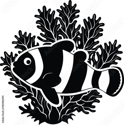 Clownfish Silhouette Swimming in Coral