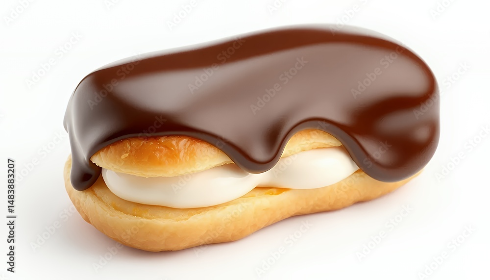 Obraz premium Delicious Chocolate Eclair with Creamy Filling Isolated on White Background Smooth 3D Render Food Photography French Pastry Sweet Treat Culinary Perfection Detailed Visual Key