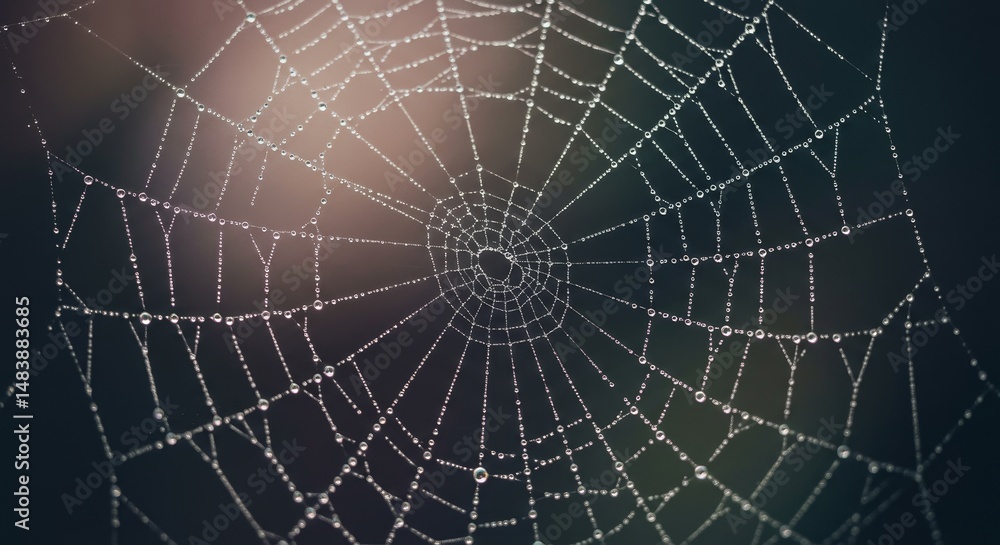 Obraz premium Dewdrops on a Spiderweb - Close-up of a spiderweb glistening with morning dew, intricate details visible