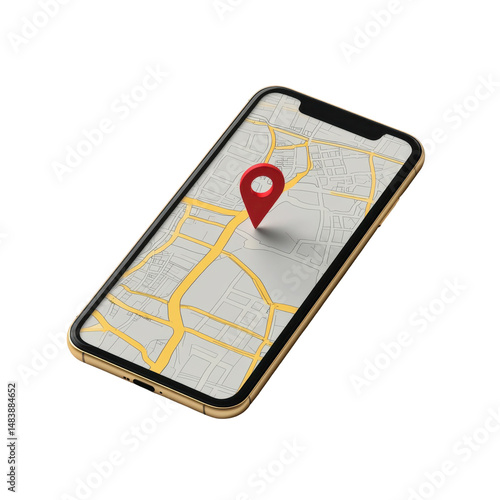 Mobile Phone Displaying Map with Location Pin for Navigation and Direction Finding on transparent background