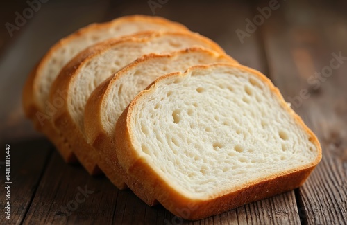 Close-up of sliced white bread on dark wooden table. Simple clean food composition. Bakery product. Breakfast meal ingredient. Warm natural tones, rustic style.