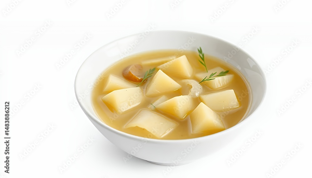 Hearty Kartoffelsuppe German Potato Soup in White Bowl on White Background Hearty Kartoffelsuppe German Potato Soup in White Bowl on White Background