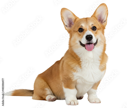 Fawn and white Pembroke Welsh Corgi dog sitting, PNG with transparent background.
