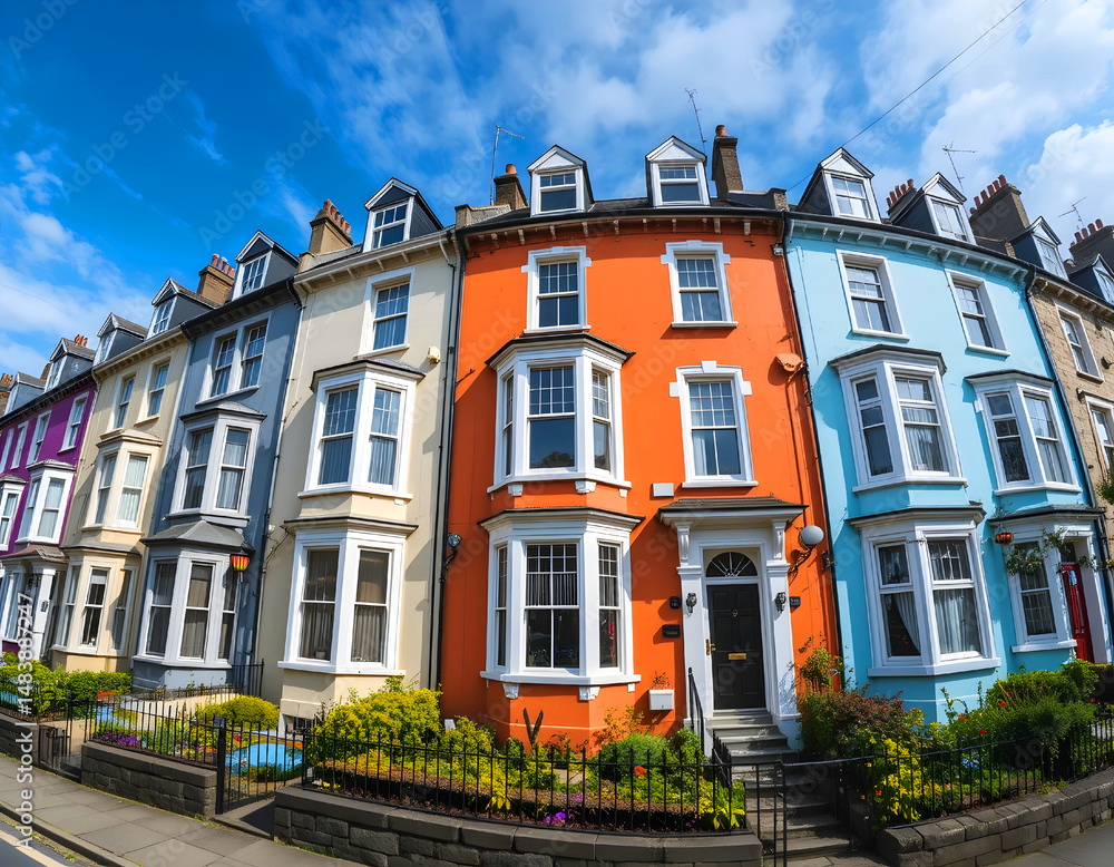 Fototapeta premium An overview of Caernarvon, Wales's vibrant townhouses.