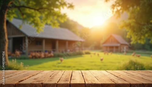 Empty wooden table for product display with blurred chicken farm background. Ideal for product promotion presentation. Rural landscape sunlight, fresh air, freedom, healthy life, eco food, bio