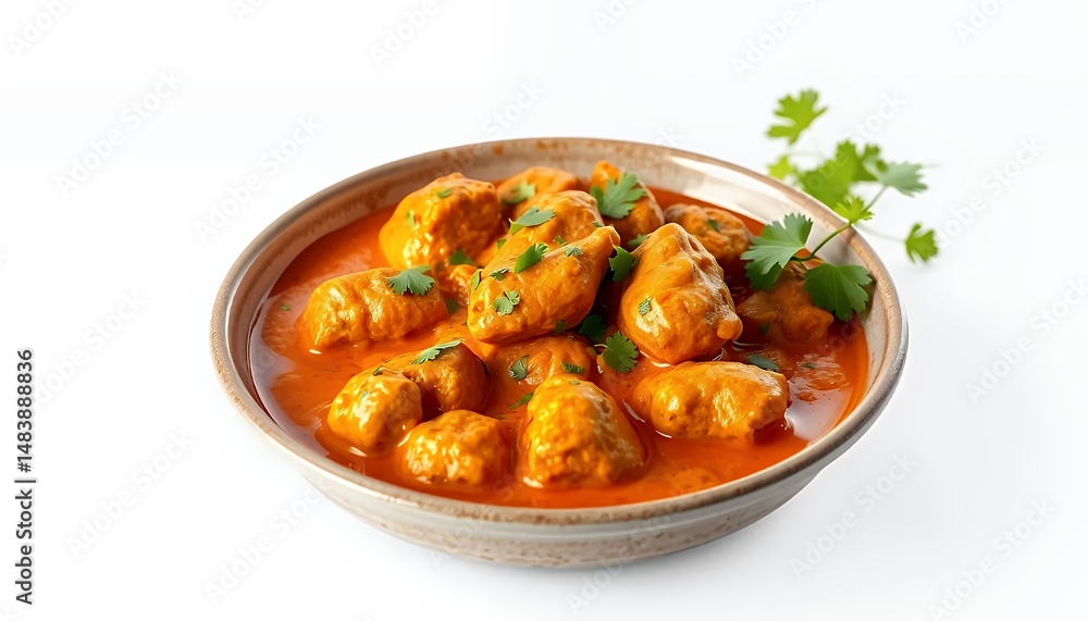 Murgh Makhani in Bowl Creamy Tomato Sauce on White Background Murgh Makhani in Bowl Creamy Tomato Sauce on White Background