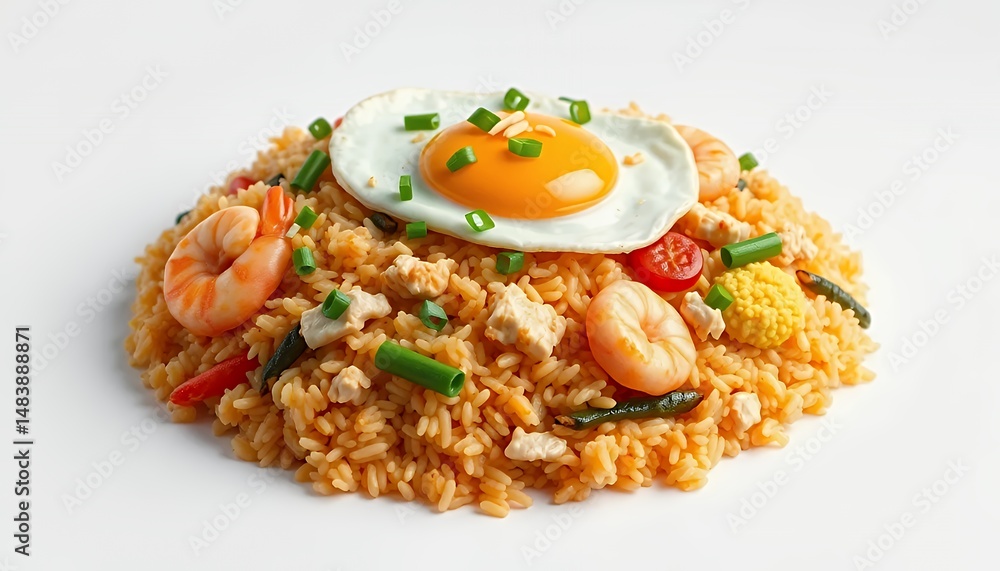 Nasi Goreng Indonesian Fried Rice with Shrimp Egg and Vegetables Isolated on White Background in Detailed 3D Render