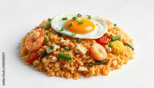 Obraz na płótnie Nasi Goreng Indonesian Fried Rice with Shrimp Egg and Vegetables Isolated on White Background in Detailed 3D Render w salonie