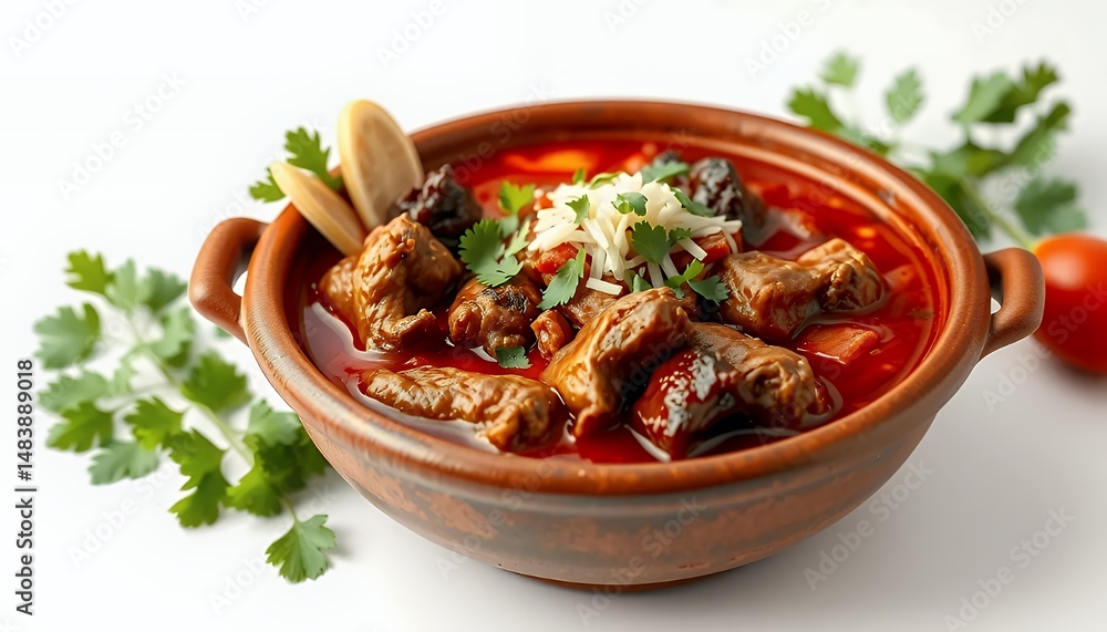 P?rk?lt A Hearty Hungarian Stew in 3d Render with Rich Red Sauce Isolated on White Backdrop Featuring Fresh Parsley Cheese and Rustic Bowl for Culinary Visuals