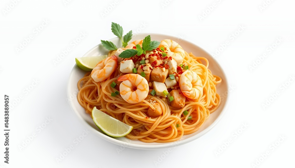Pad Thai Shrimp and Tofu Stir Fry on White Background 3D Render