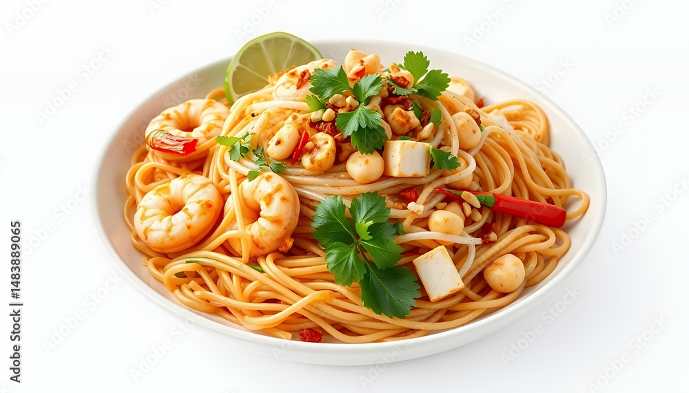 Pad Thai Dish with Prawns Tofu and Noodles Isolated on White Background Perfect for Culinary Presentation and Advertisement