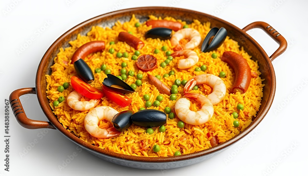 Paella Isolated on White Screen a 3D Render with Yellow Rice Shrimp Sausage and Mussels Perfect for Culinary Projects and Restaurant Menus Depicting Traditional Spanish Cuisine