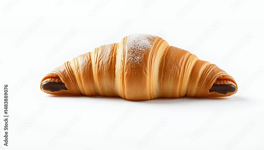 Pain au Chocolat 3D Render on White Background Showcasing Golden Brown Hue and Powdered Sugar Sprinkling Isolated