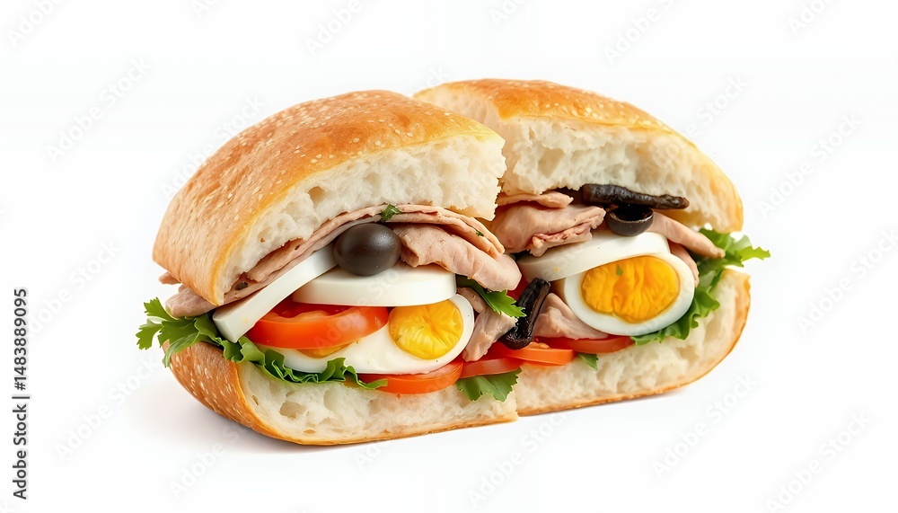 Pan Bagnat Sandwich 3D Render Featuring Tuna Egg and Vegetables Isolated on White Background Displaying French Cuisine Delicious Food and Studio Lighting