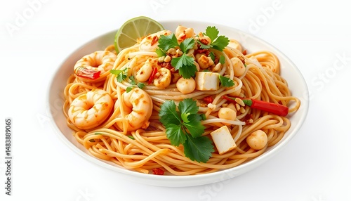 Obraz na płótnie Pad Thai Dish with Prawns Tofu and Noodles Isolated on White Background Perfect for Culinary Presentation and Advertisement w salonie