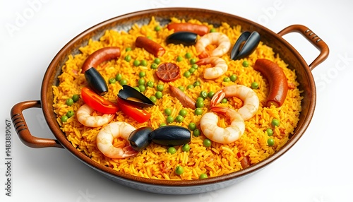 Obraz na płótnie Paella Isolated on White Screen a 3D Render with Yellow Rice Shrimp Sausage and Mussels Perfect for Culinary Projects and Restaurant Menus Depicting Traditional Spanish Cuisine w salonie
