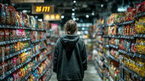 Wallpaper Mural Person in a Hoodie Walking Through a Grocery Store Aisle Filled with Snacks and Products Torontodigital.ca
