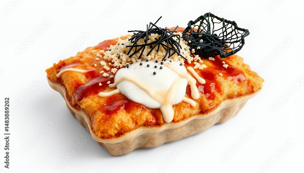 Pastel De Choclo Isolated on White Screen A 3D Render Of Traditional Chilean Corn And Beef Casserole With Black Garnish For Culinary Presentation