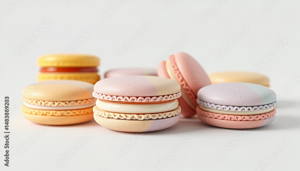 Pastel French Macarons Isolated on White Background Featuring Peach Lavender and Light Pink Colors in a Clean 3D Render Detailed Studio Shot Perfect for Culinary Theme