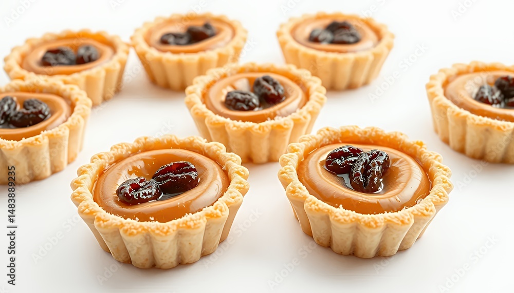 Pastel De Nata Tarts Isolated on White Background Featuring Traditional Portuguese Pastry with Flaky Crusts Caramelized Tops and Three Raisin in Detailed 3D Render