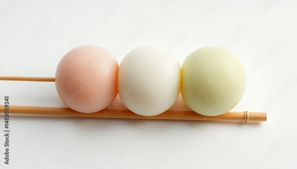 Pastel Japanese Dango Mochi Balls on Bamboo Skewer Isolated on White Background in a Clean Studio Shot