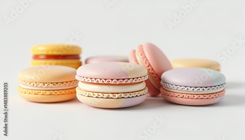 Obraz na płótnie Pastel French Macarons Isolated on White Background Featuring Peach Lavender and Light Pink Colors in a Clean 3D Render Detailed Studio Shot Perfect for Culinary Theme w salonie